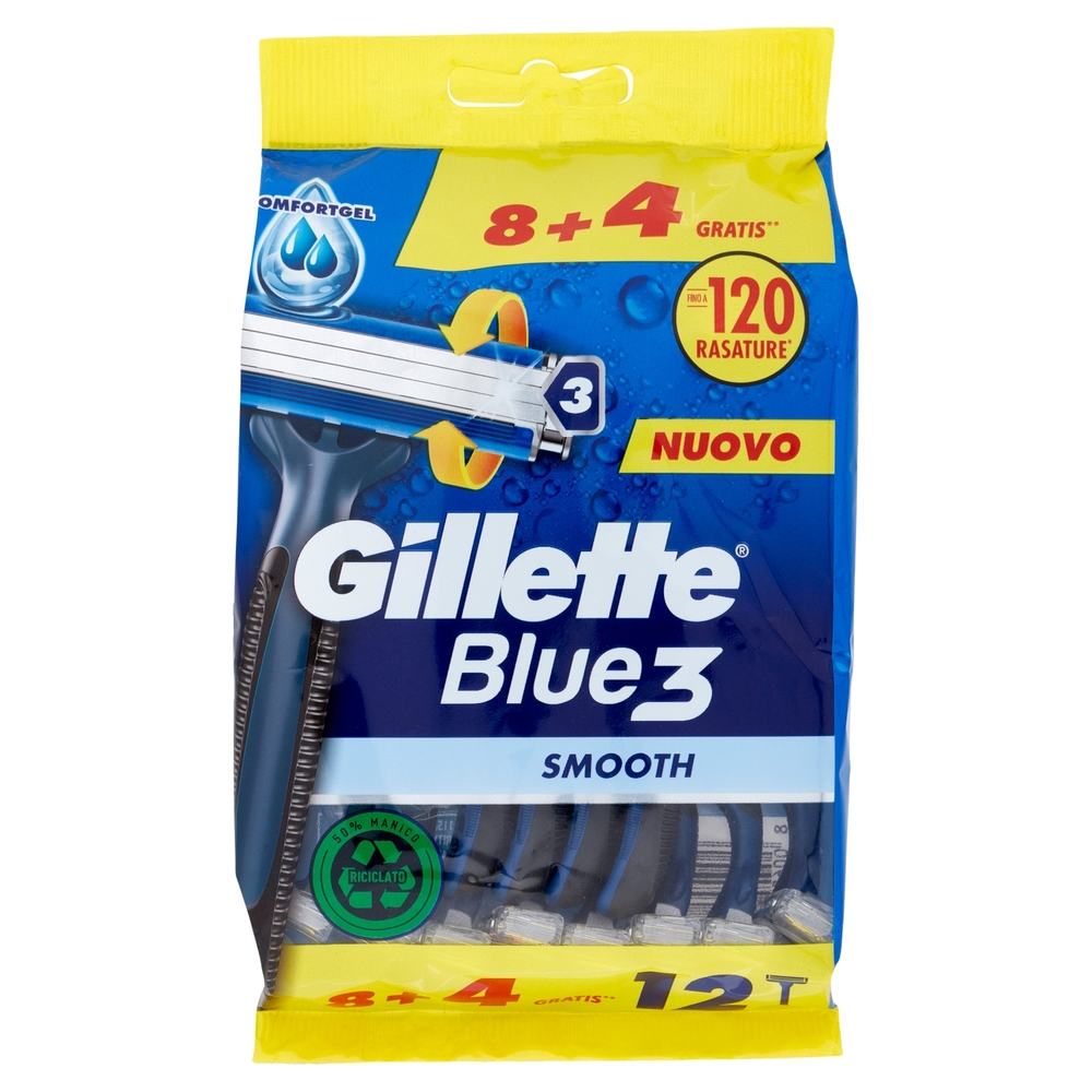 Gillette Rasoio Uomo Blue3 Smooth Usa e Getta a 3 Lame, Confezione da 8 rasoi + 4 Gratis = 12 Rasoi